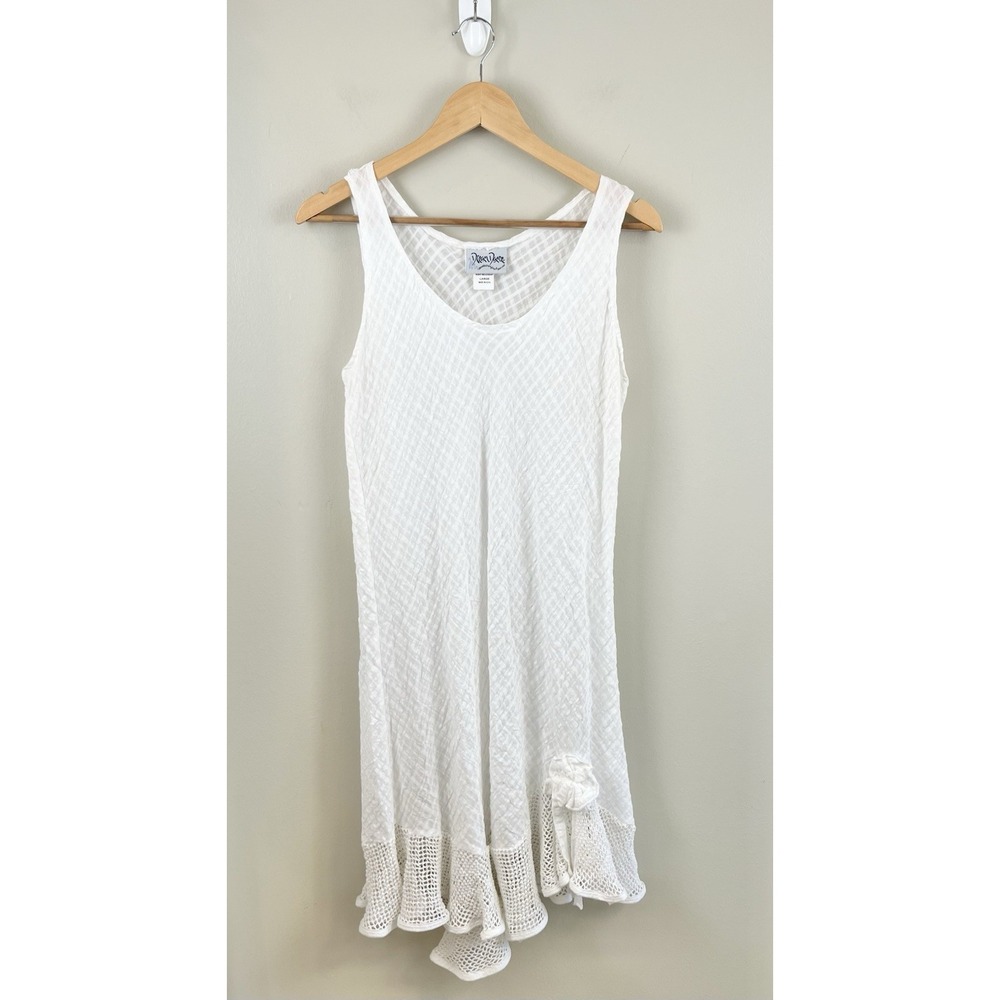 Dream Dance White Crochet Hem Dress Sleeveless Beach Cover Sz Lg Made In USA
